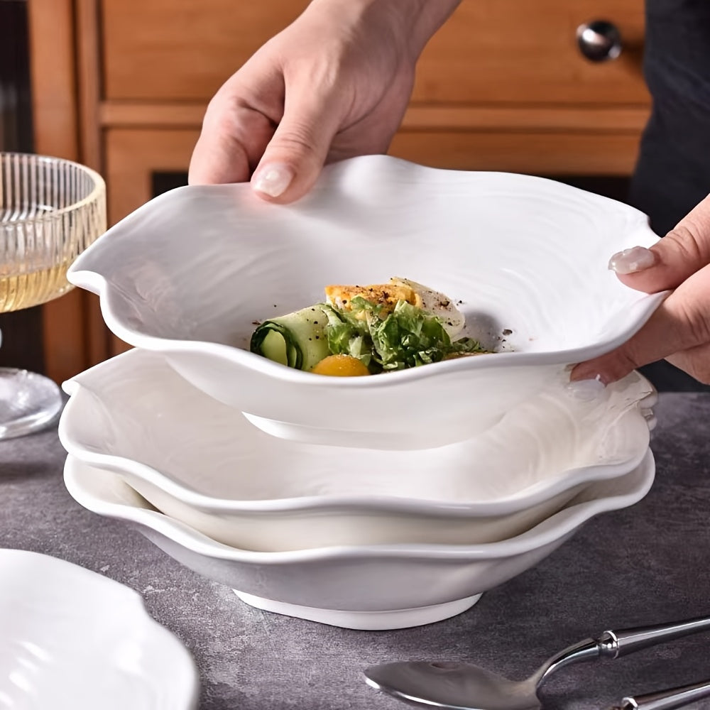 1 Set of 4 Hotel-Grade Pure White 8.27-Inch Lotus-Shaped Ceramic Bowls • Microwave Safe • Suitable for Desserts, Salads, Fruits And Soups • Ideal for Home Kitchens And Restaurants