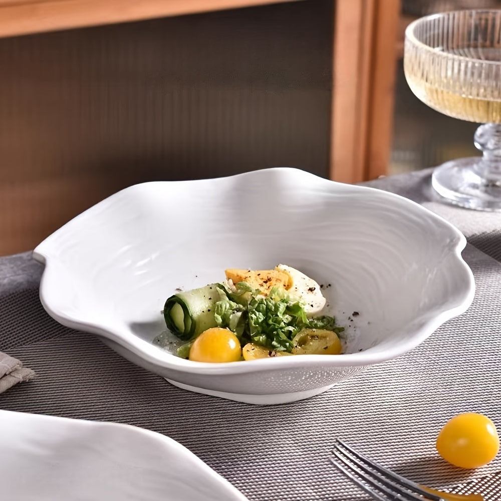 1 Set of 4 Hotel-Grade Pure White 8.27-Inch Lotus-Shaped Ceramic Bowls • Microwave Safe • Suitable for Desserts, Salads, Fruits And Soups • Ideal for Home Kitchens And Restaurants