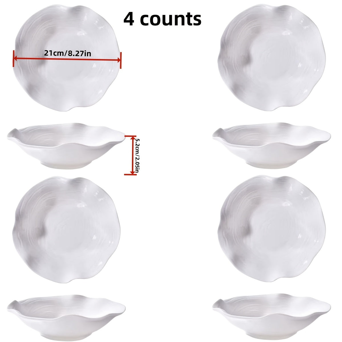 1 Set of 4 Hotel-Grade Pure White 8.27-Inch Lotus-Shaped Ceramic Bowls • Microwave Safe • Suitable for Desserts, Salads, Fruits And Soups • Ideal for Home Kitchens And Restaurants