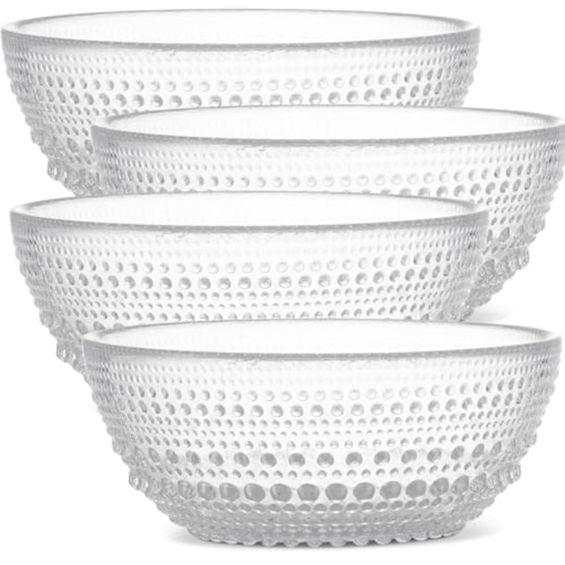 Yungala Clear Glass Tableware Set 4 Small Plates 4 Hobnail Bowls and 4 Suower Mugs Vintage-Style Pred Glass for Everyday Dining Derts and Entertaining