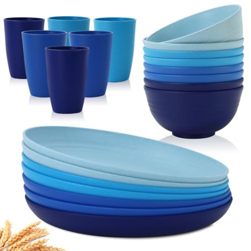 omcri22-Piece Kitchen Dinnerware Set - 12 OZ Wheat Straw Cups and 9 inch Unbreakable Dinner Plates and 26 OZ Cereal Bowls Stackable Plates and Bowls Set with Plastic Cups