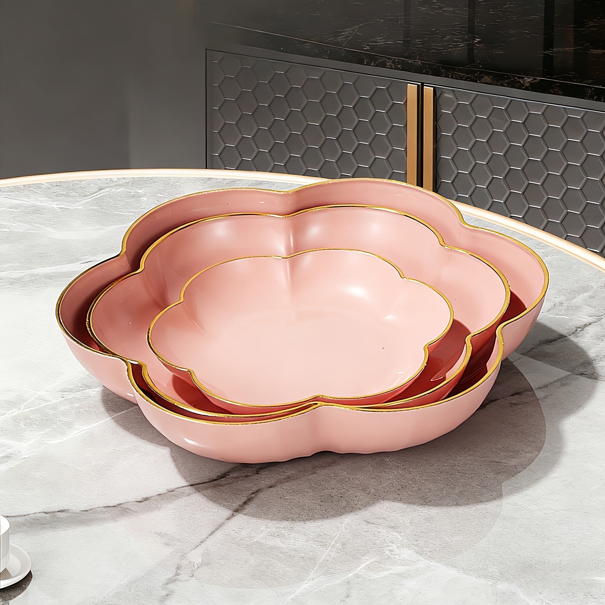 3pcs Set Gold-Edged Floral Fruit Bowl | Round Plastic Design For New Year'S Celebrations