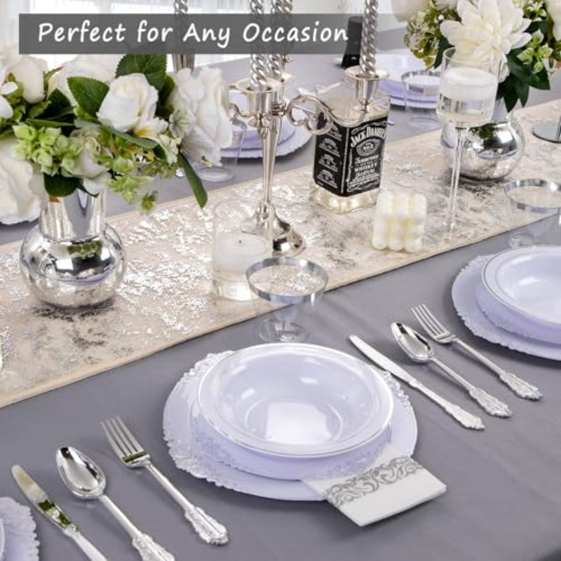 350PCS Sier Plastic Plates-50 Pack Plastic Bowls with Sier Rim-Sier Plastic Dinnerware Sets for 50 Guests-2oz Disposable Soup Bowls