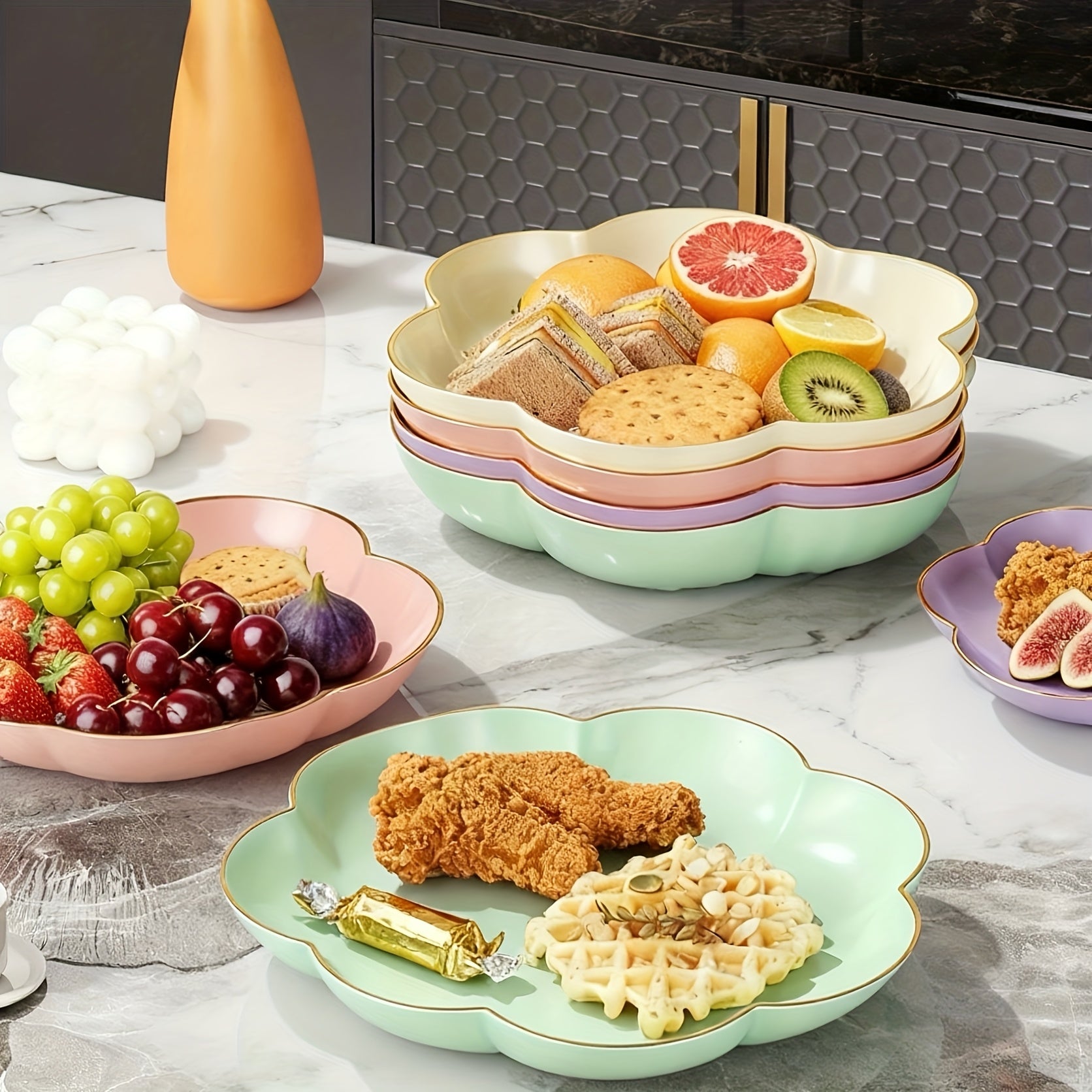 3pcs Set Gold-Edged Floral Fruit Bowl | Round Plastic Design For New Year'S Celebrations