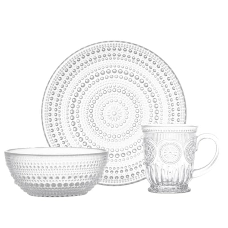 Yungala Clear Glass Tableware Set 4 Small Plates 4 Hobnail Bowls and 4 Suower Mugs Vintage-Style Pred Glass for Everyday Dining Derts and Entertaining
