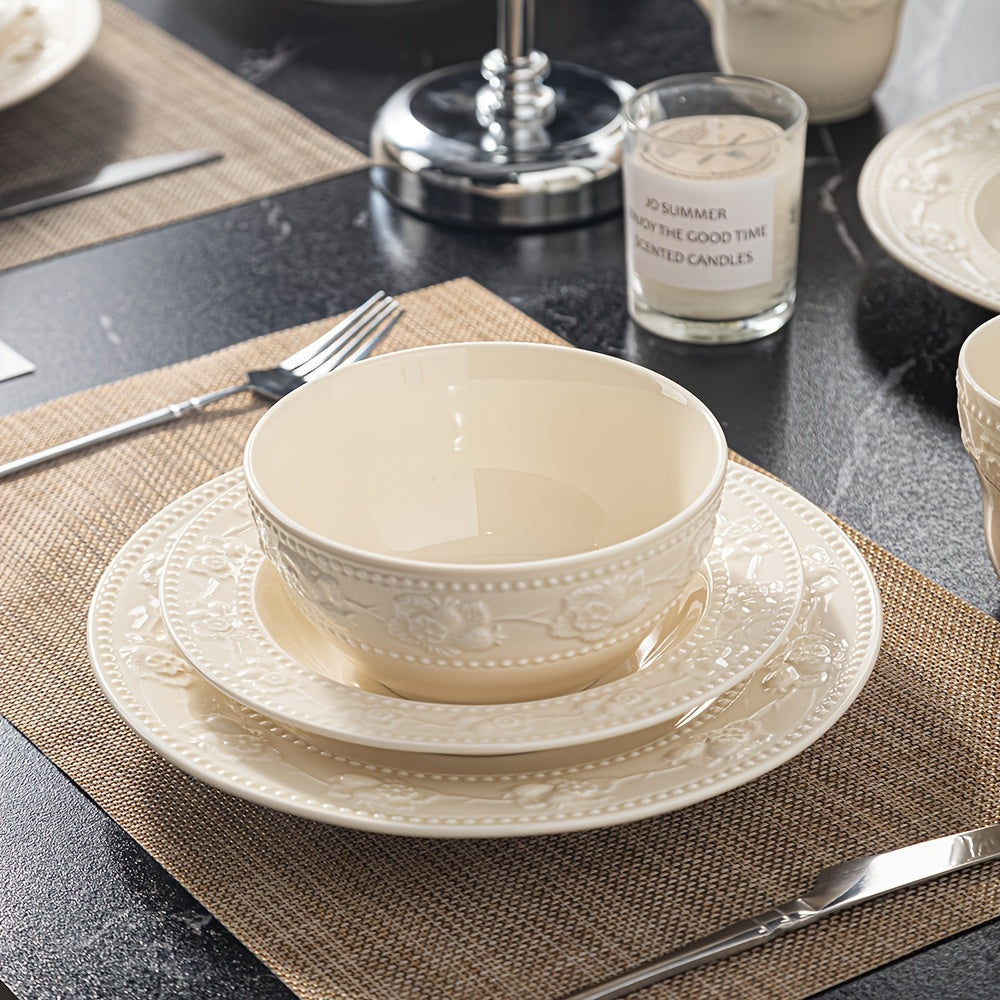 26pcs Heavy-Duty Milk White Ceramic Dinnerware Set Suitable for Household, Restaurants & Hotels - Oven & Microwave Safe Round Plates & Bowls with Elegant Tableware, Ovenproof for, Microwaveable for Reheating, Holiday Table Setting