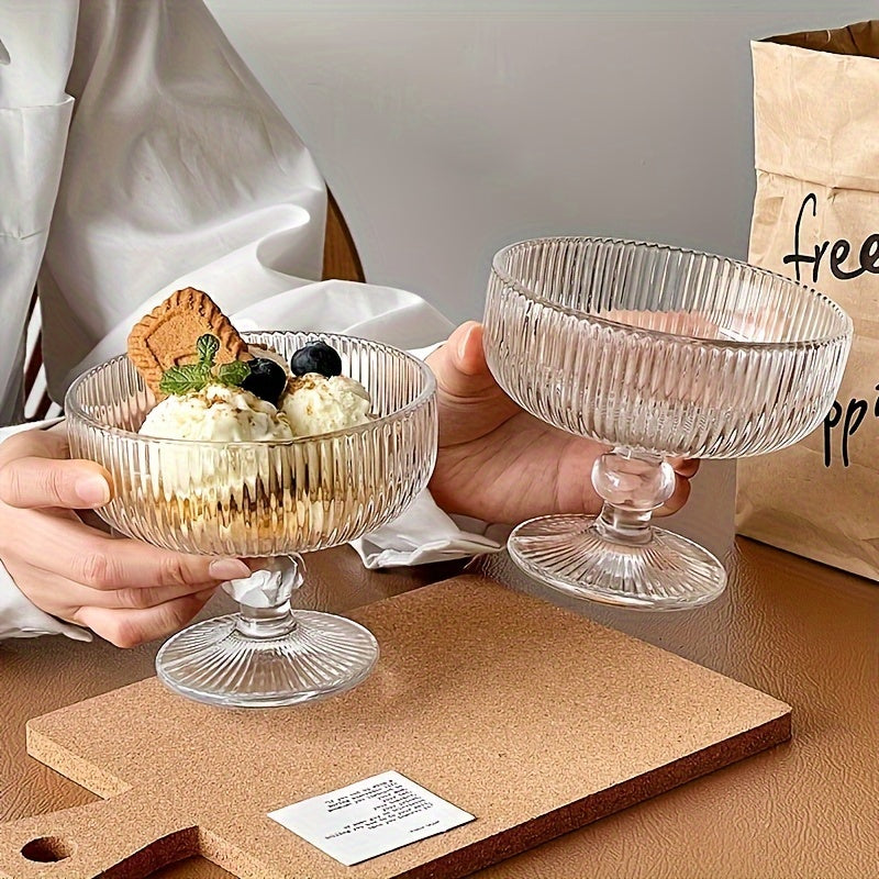 2pcs Glass Bowl 1pc\u002F2pcs Transparent Glass Dessert Bowl with Spoon | Stripe Pattern, Hand Wash Only, Reusable, Multipurpose, for Ice Cream, Fruit, Salad, Cocktail, Dessert