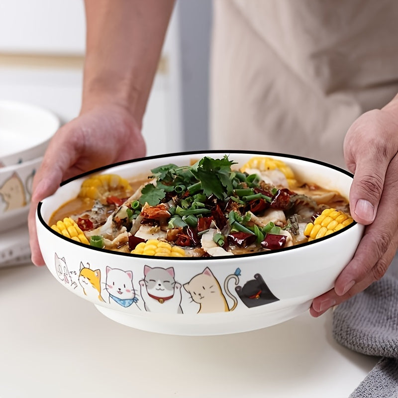 Set of 2, 9-Inch Ceramic Cat Design Soup Bowls, Large Capacity, Dishwasher Safe, Suitable for Home Kitchen Dining Services And Versatile Use