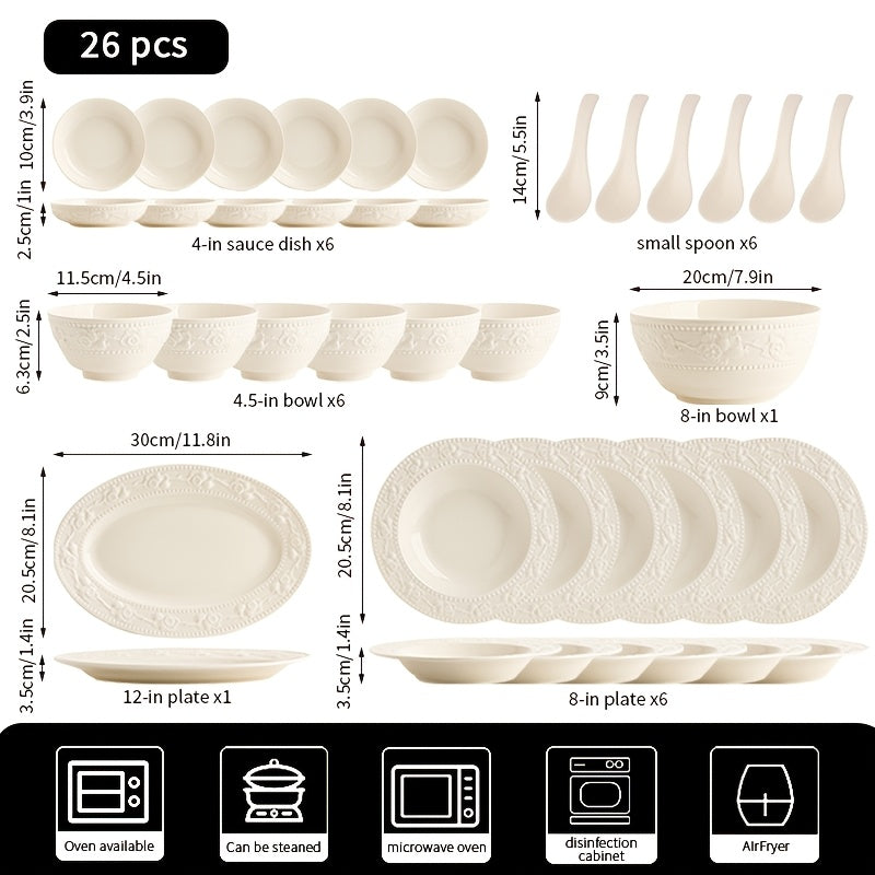26pcs Heavy-Duty Milk White Ceramic Dinnerware Set Suitable for Household, Restaurants & Hotels - Oven & Microwave Safe Round Plates & Bowls with Elegant Tableware, Ovenproof for, Microwaveable for Reheating, Holiday Table Setting