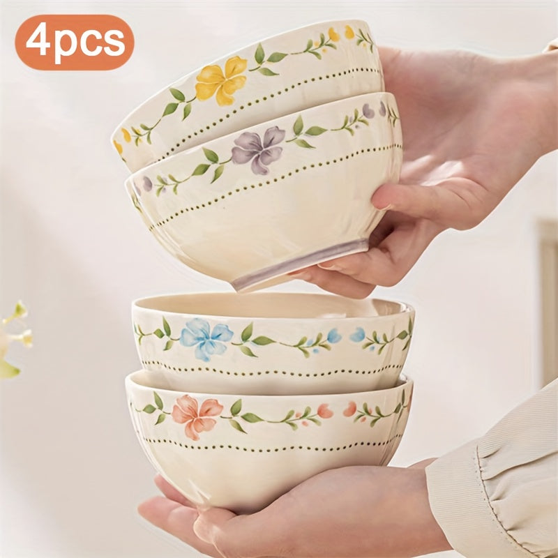 4pcs Elegant Floral Ceramic Bowls 4.5Inch 4pcss Different Colors Rice Bowl Fruit Bowl Yogurt Bowl Modern Ceramic Dinnerware