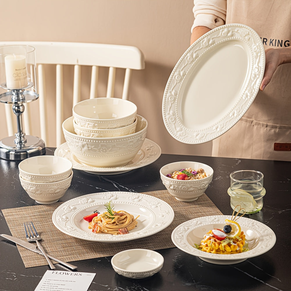 26pcs Heavy-Duty Milk White Ceramic Dinnerware Set Suitable for Household, Restaurants & Hotels - Oven & Microwave Safe Round Plates & Bowls with Elegant Tableware, Ovenproof for, Microwaveable for Reheating, Holiday Table Setting