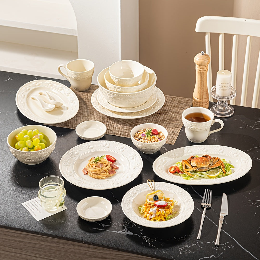 26pcs Heavy-Duty Milk White Ceramic Dinnerware Set Suitable for Household, Restaurants & Hotels - Oven & Microwave Safe Round Plates & Bowls with Elegant Tableware, Ovenproof for, Microwaveable for Reheating, Holiday Table Setting