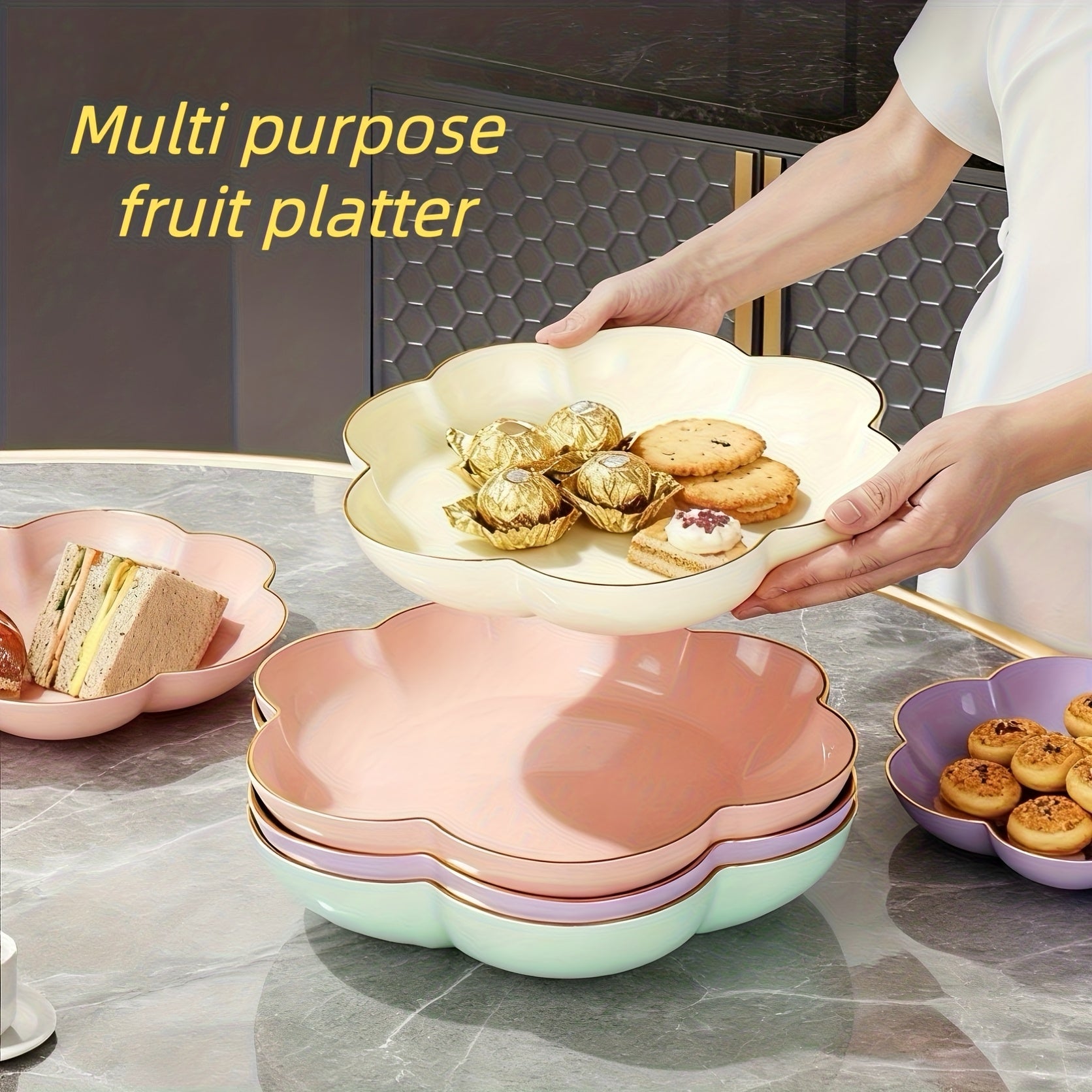 3pcs Set Gold-Edged Floral Fruit Bowl | Round Plastic Design For New Year'S Celebrations