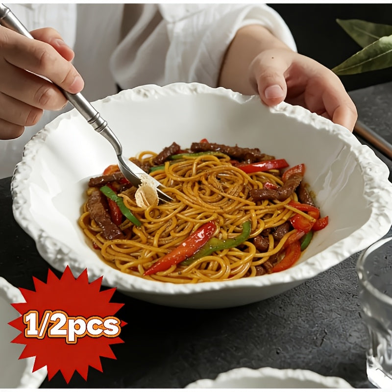 1\u002F2pcs Elegant White Ceramic Bowl with Rock Pattern – Perfect for Soup, Noodles & Salad – Premium Tableware for Home, Restaurants, And Hotels