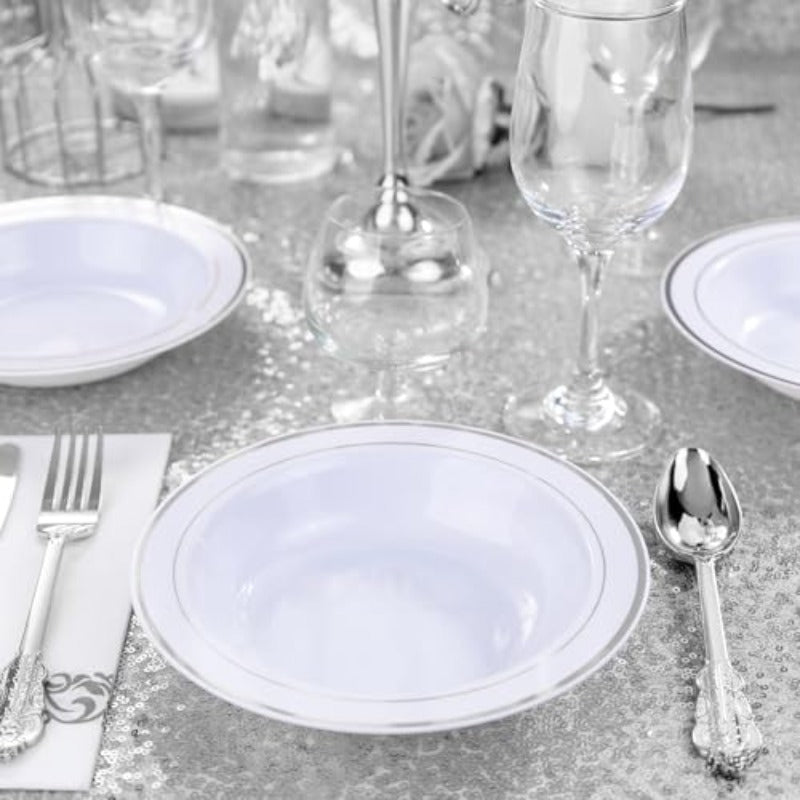 350PCS Sier Plastic Plates-50 Pack Plastic Bowls with Sier Rim-Sier Plastic Dinnerware Sets for 50 Guests-2oz Disposable Soup Bowls