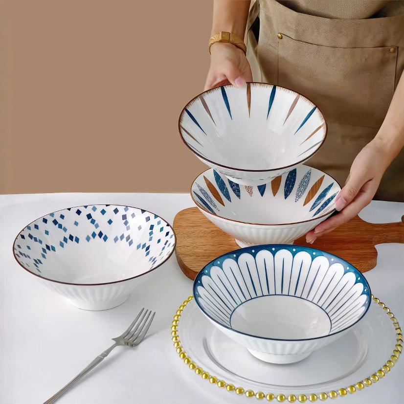 Set of 4 Japanese-Style Ceramic Pasta Ramen Bowls, 7.87inch, Round Microwave Safe Bowl for Soup, Noodles, and Salad- Kitchen Dinnerware for Home, Restaurant