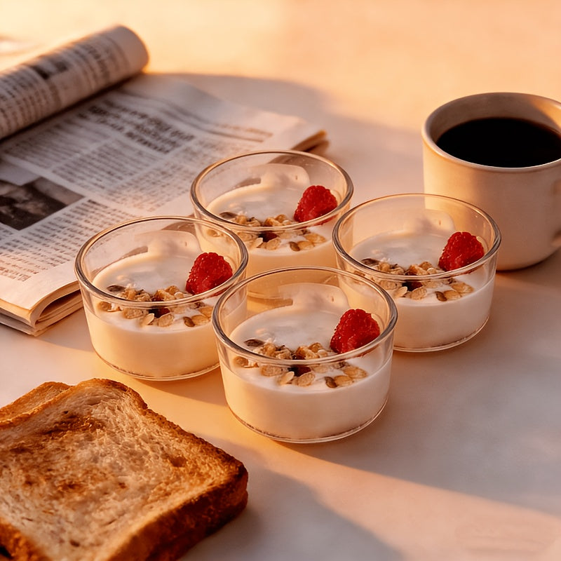 Set of 4 High Borosilicate Glass BowlsIdeal for Yogurt, Salads, Fruits, and Nuts.Suitable for Picnics, Camping, Restaurants, and Offices.Easy to Carry and Perfect for Elegant Food Presentation.