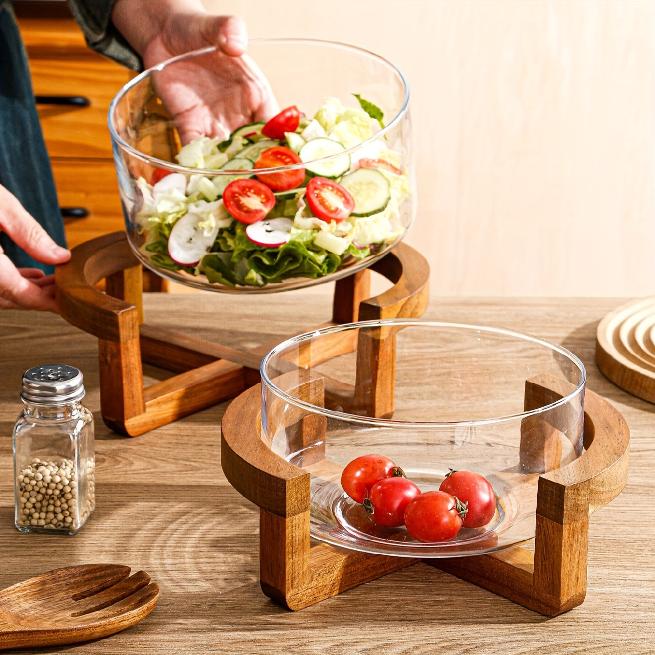 1pc Easy Bamboo Wood Base Glass Fruit Plate Living Room Snack Plate Home Fruit Bowl Salad Bowl Restaurant Buffet Bowl 1 Tray 1 Bowl