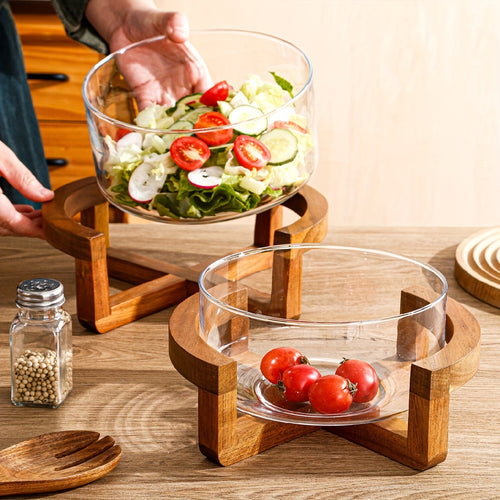 1pc Easy Bamboo Wood Base Glass Fruit Plate Living Room Snack Plate Home Fruit Bowl Salad Bowl Restaurant Buffet Bowl 1 Tray 1 Bowl