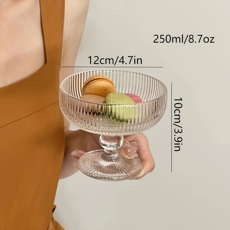 2pcs Glass Bowl 1pc\u002F2pcs Transparent Glass Dessert Bowl with Spoon | Stripe Pattern, Hand Wash Only, Reusable, Multipurpose, for Ice Cream, Fruit, Salad, Cocktail, Dessert