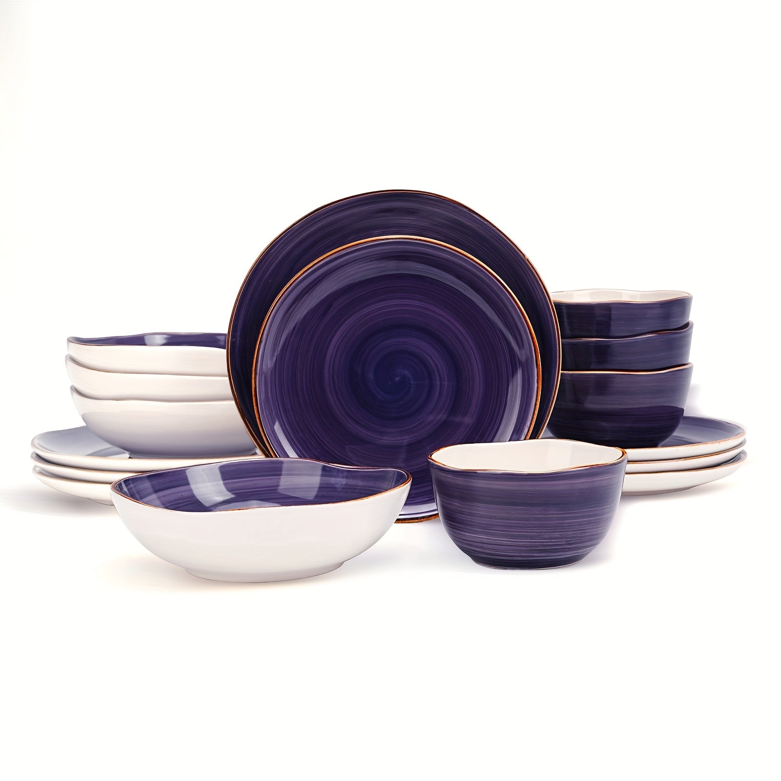 16pcs Highland Dinnerware Set for 4 | Shape Stoneware Plates and Bowls, Scratch Resistant, Microwave and Dishwasher Safe, Handcrafted Speckled Effect, Swirl Design
