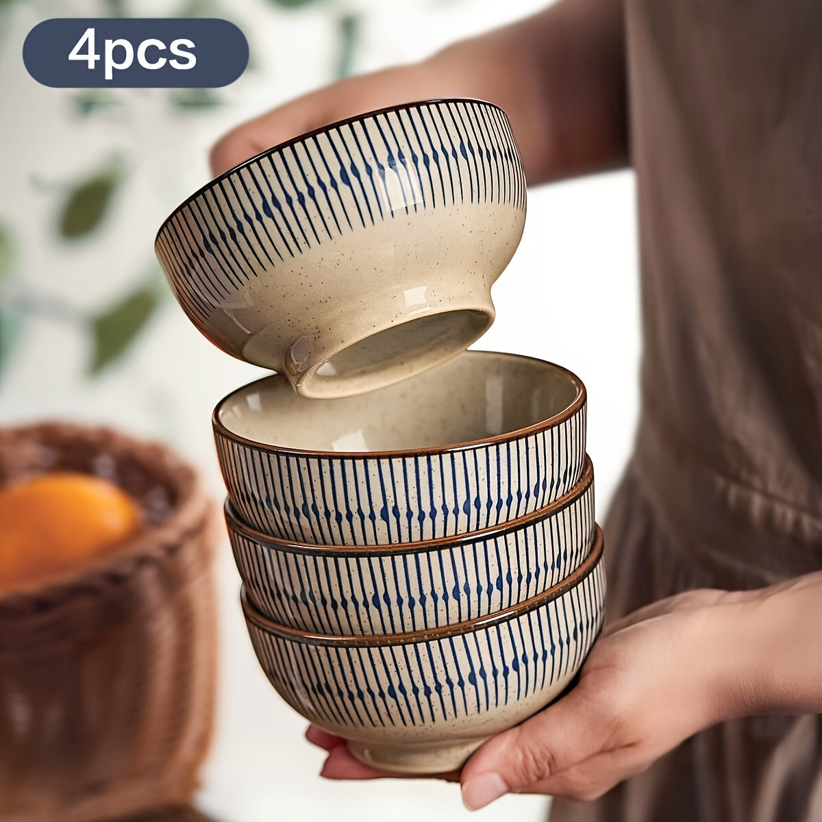 4-Pack Japanese Ceramic Rice Bowls, 4.5-Inch Round Small Bowls, Vintage Chinese Tableware, Dessert Bowls for Yogurt, Microwave Safe