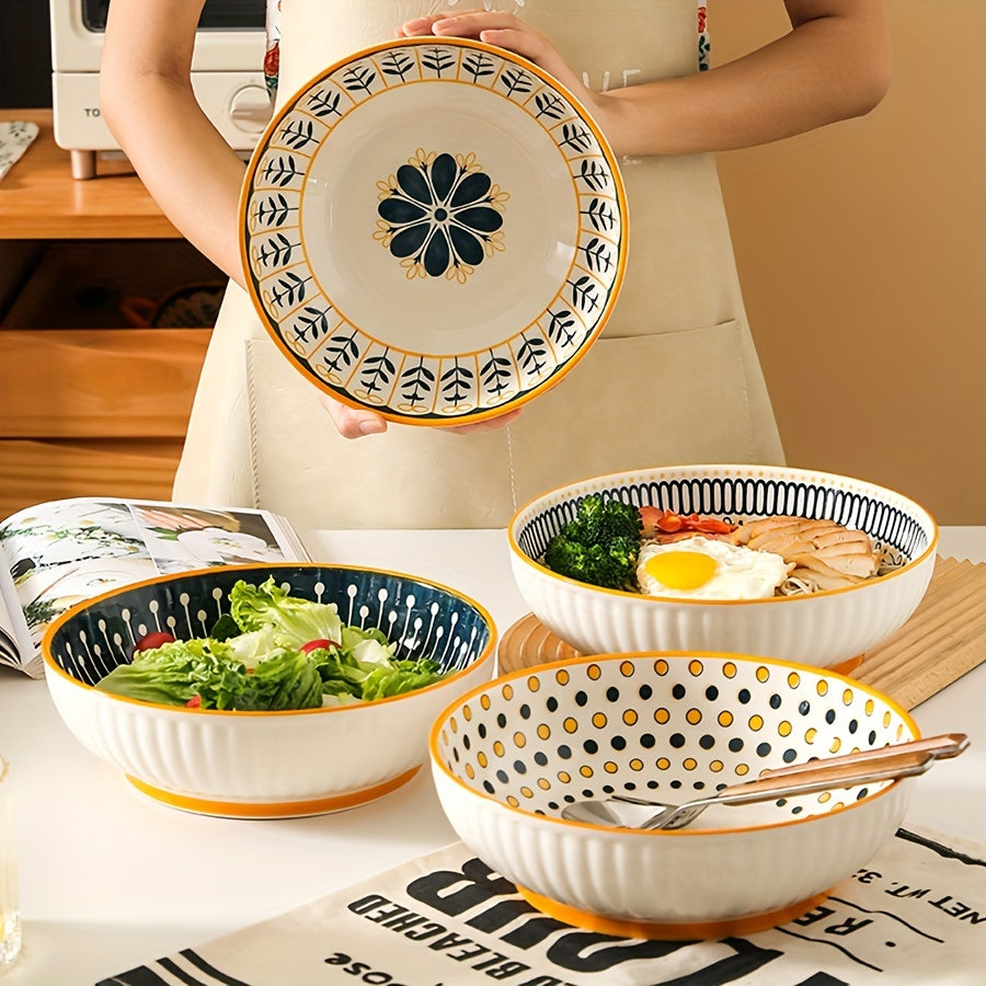 2pcs Ceramic Soup Bowls 2pcs Ceramic Soup Bowls with Floral Design | Microwave, Dishwasher & Oven Safe Round Bowls for Ramen, Noodles, Salad, Fruits | Durable Kitchen & Dining Essentials 56.8oz