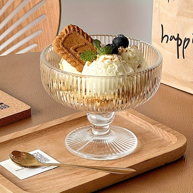 2pcs Glass Bowl 1pc\u002F2pcs Transparent Glass Dessert Bowl with Spoon | Stripe Pattern, Hand Wash Only, Reusable, Multipurpose, for Ice Cream, Fruit, Salad, Cocktail, Dessert