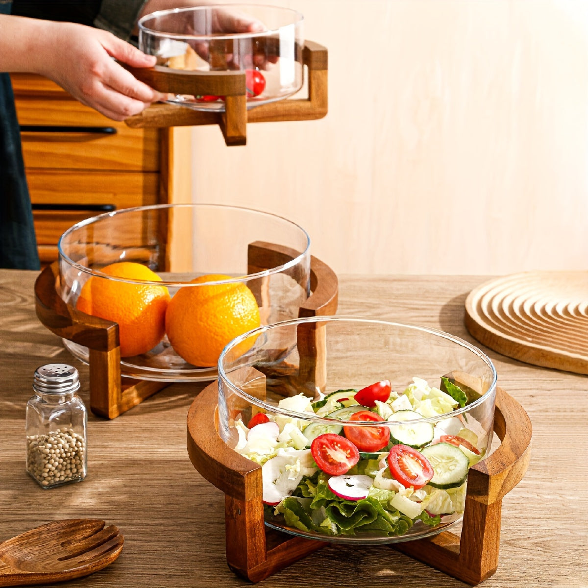 1pc Easy Bamboo Wood Base Glass Fruit Plate Living Room Snack Plate Home Fruit Bowl Salad Bowl Restaurant Buffet Bowl 1 Tray 1 Bowl