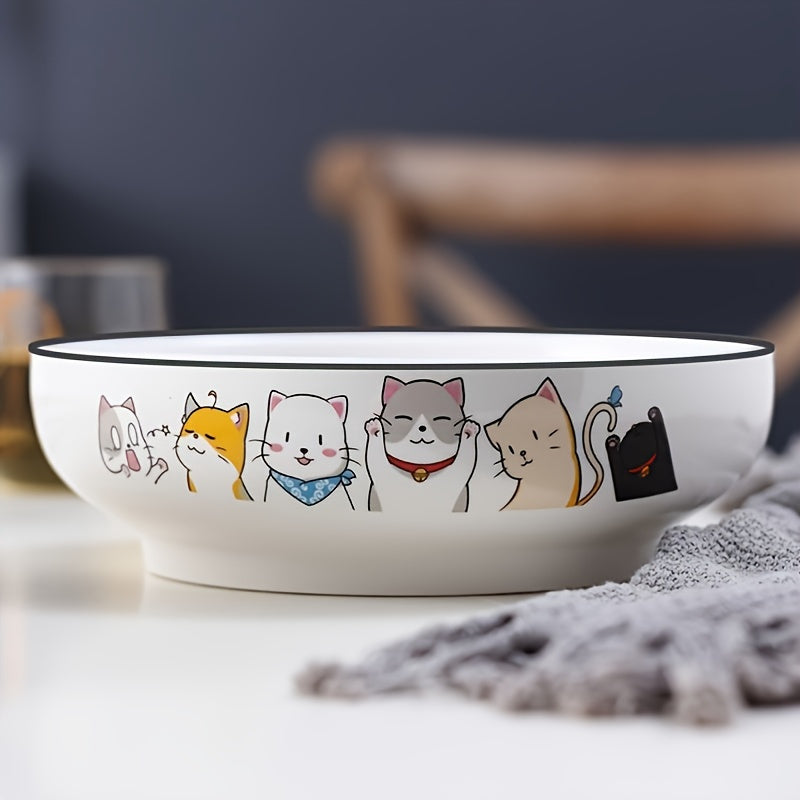 Set of 2, 9-Inch Ceramic Cat Design Soup Bowls, Large Capacity, Dishwasher Safe, Suitable for Home Kitchen Dining Services And Versatile Use