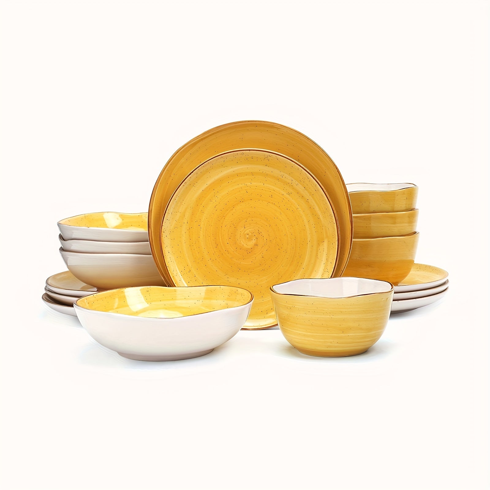 16pcs Highland Dinnerware Set for 4 | Shape Stoneware Plates and Bowls, Scratch Resistant, Microwave and Dishwasher Safe, Handcrafted Speckled Effect, Swirl Design