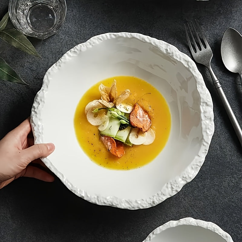 1\u002F2pcs Elegant White Ceramic Bowl with Rock Pattern – Perfect for Soup, Noodles & Salad – Premium Tableware for Home, Restaurants, And Hotels