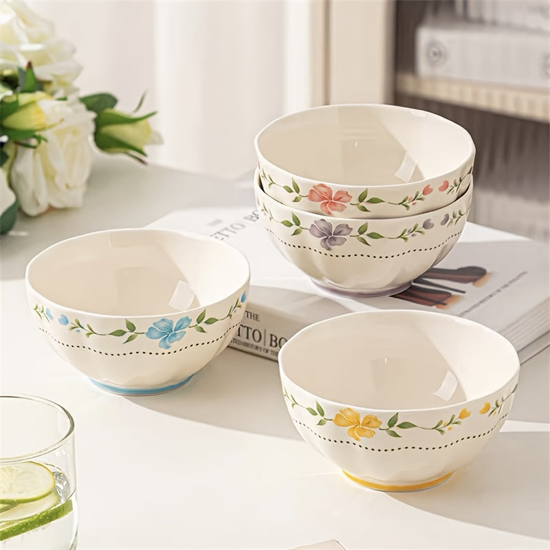 4pcs Elegant Floral Ceramic Bowls 4.5Inch 4pcss Different Colors Rice Bowl Fruit Bowl Yogurt Bowl Modern Ceramic Dinnerware