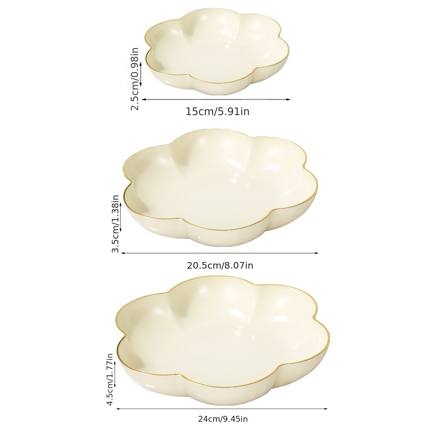 3pcs Set Gold-Edged Floral Fruit Bowl | Round Plastic Design For New Year'S Celebrations