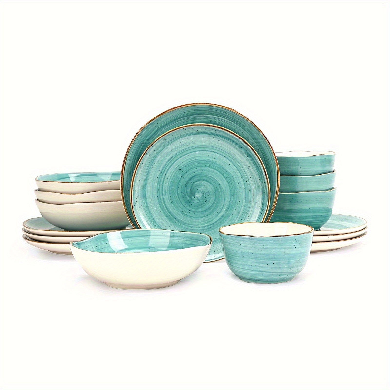 16pcs Highland Dinnerware Set for 4 | Shape Stoneware Plates and Bowls, Scratch Resistant, Microwave and Dishwasher Safe, Handcrafted Speckled Effect, Swirl Design