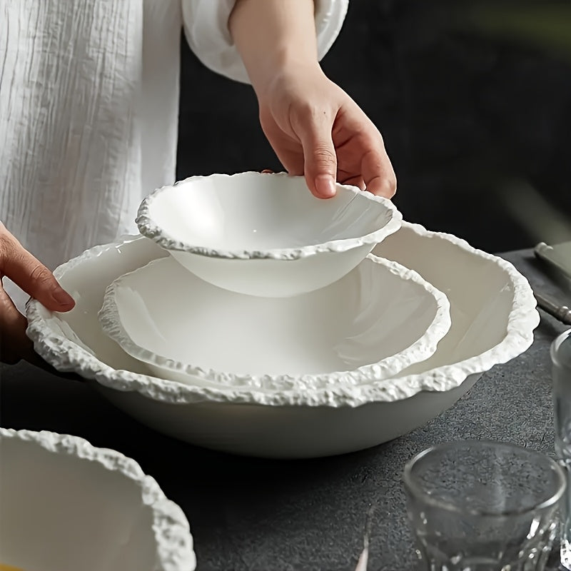 1\u002F2pcs Elegant White Ceramic Bowl with Rock Pattern – Perfect for Soup, Noodles & Salad – Premium Tableware for Home, Restaurants, And Hotels