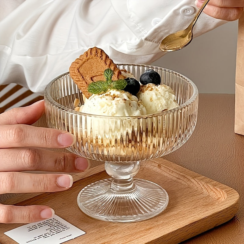 2pcs Glass Bowl 1pc\u002F2pcs Transparent Glass Dessert Bowl with Spoon | Stripe Pattern, Hand Wash Only, Reusable, Multipurpose, for Ice Cream, Fruit, Salad, Cocktail, Dessert