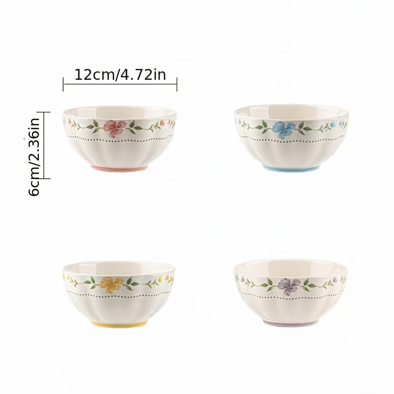 4pcs Elegant Floral Ceramic Bowls 4.5Inch 4pcss Different Colors Rice Bowl Fruit Bowl Yogurt Bowl Modern Ceramic Dinnerware
