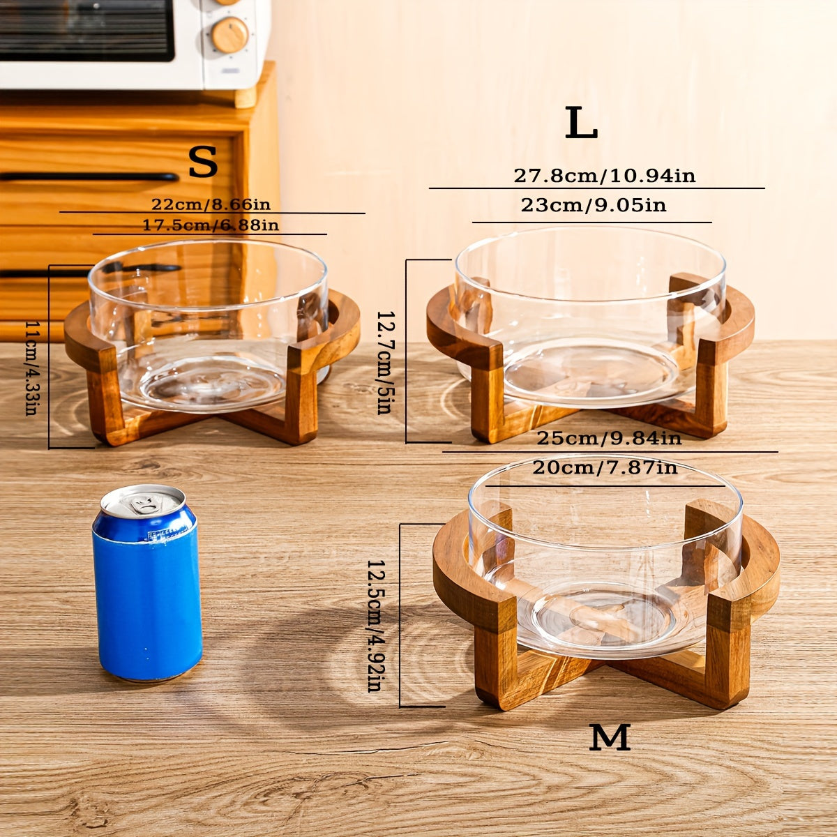 1pc Easy Bamboo Wood Base Glass Fruit Plate Living Room Snack Plate Home Fruit Bowl Salad Bowl Restaurant Buffet Bowl 1 Tray 1 Bowl