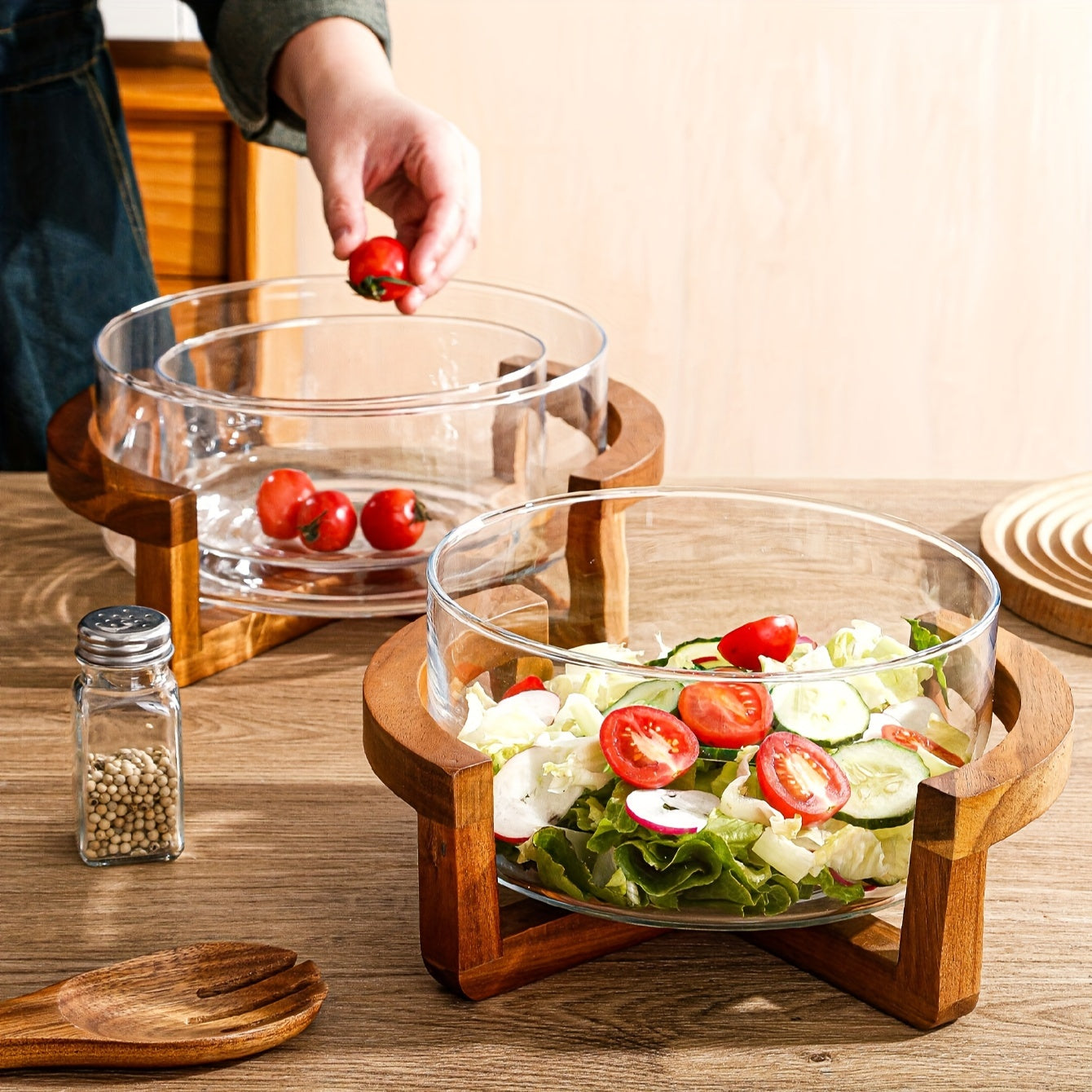 1pc Easy Bamboo Wood Base Glass Fruit Plate Living Room Snack Plate Home Fruit Bowl Salad Bowl Restaurant Buffet Bowl 1 Tray 1 Bowl