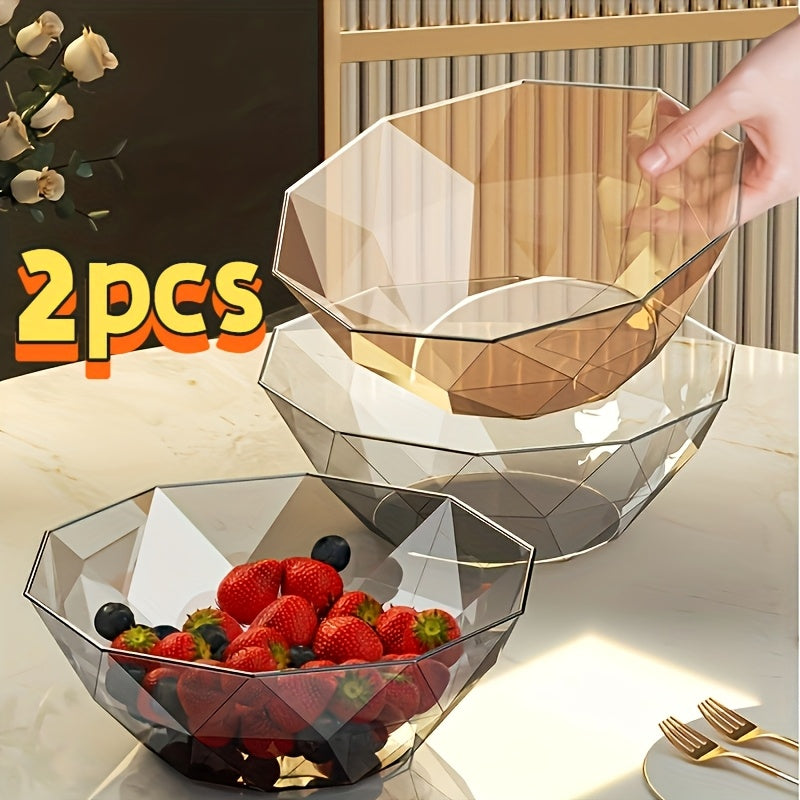 2 Pack Luxury Crystal Plastic Fruit Bowl, Modern Light Luxury Serving Tray for Snacks, Candy, Salad, Elegant Home Decor Fruit Platter for Living Room Kitchen