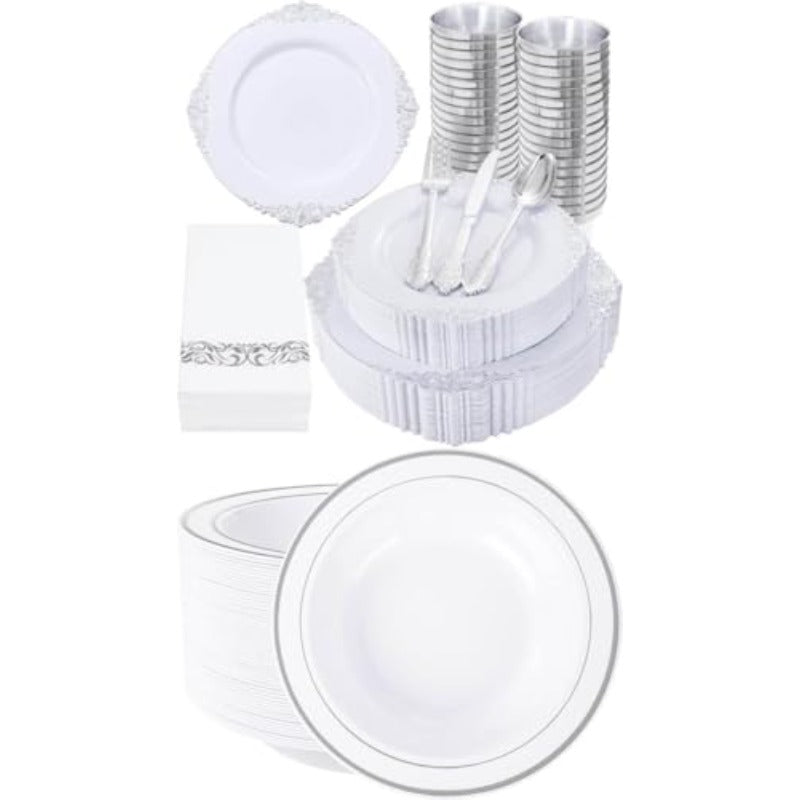 350PCS Sier Plastic Plates-50 Pack Plastic Bowls with Sier Rim-Sier Plastic Dinnerware Sets for 50 Guests-2oz Disposable Soup Bowls