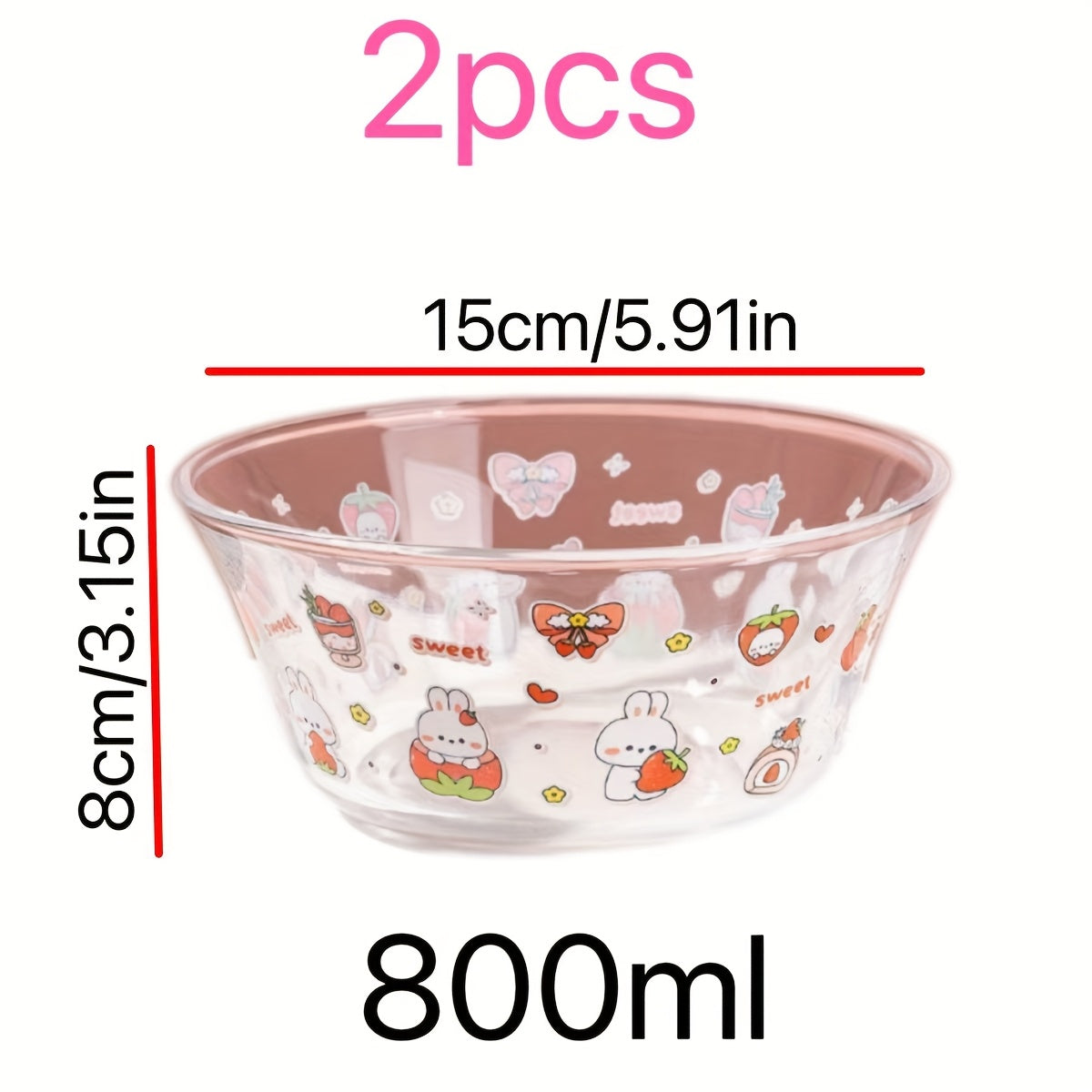 2pcs, cartoon glass salad bowl with lid, suitable for mixed food such as salad, fruit, milk, sweetheart, rice, pasta, etc., microwave oven safety, kitchen supplies, tableware, is an ideal choice for kitchen preparation, serving, baking and cooking.