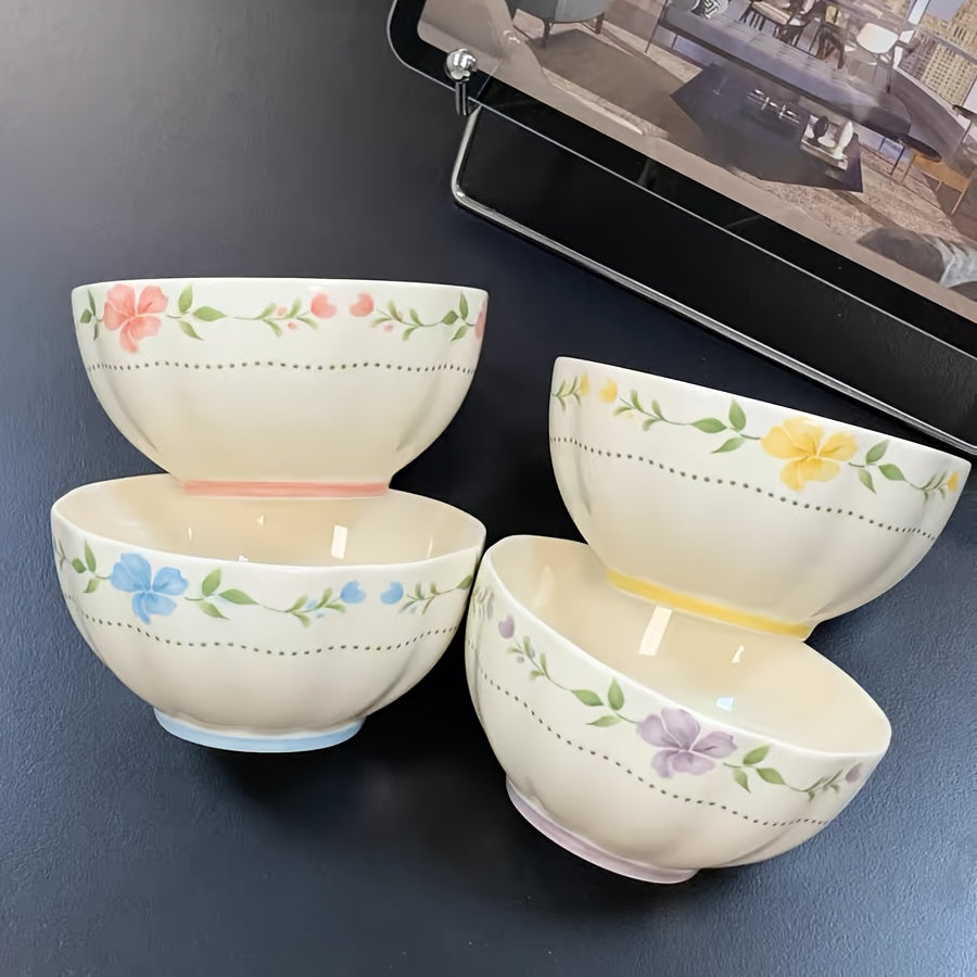 4pcs Elegant Floral Ceramic Bowls 4.5Inch 4pcss Different Colors Rice Bowl Fruit Bowl Yogurt Bowl Modern Ceramic Dinnerware