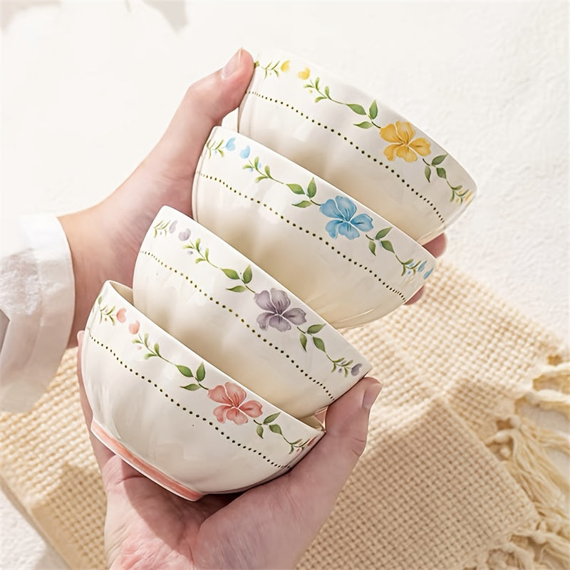 4pcs Elegant Floral Ceramic Bowls 4.5Inch 4pcss Different Colors Rice Bowl Fruit Bowl Yogurt Bowl Modern Ceramic Dinnerware