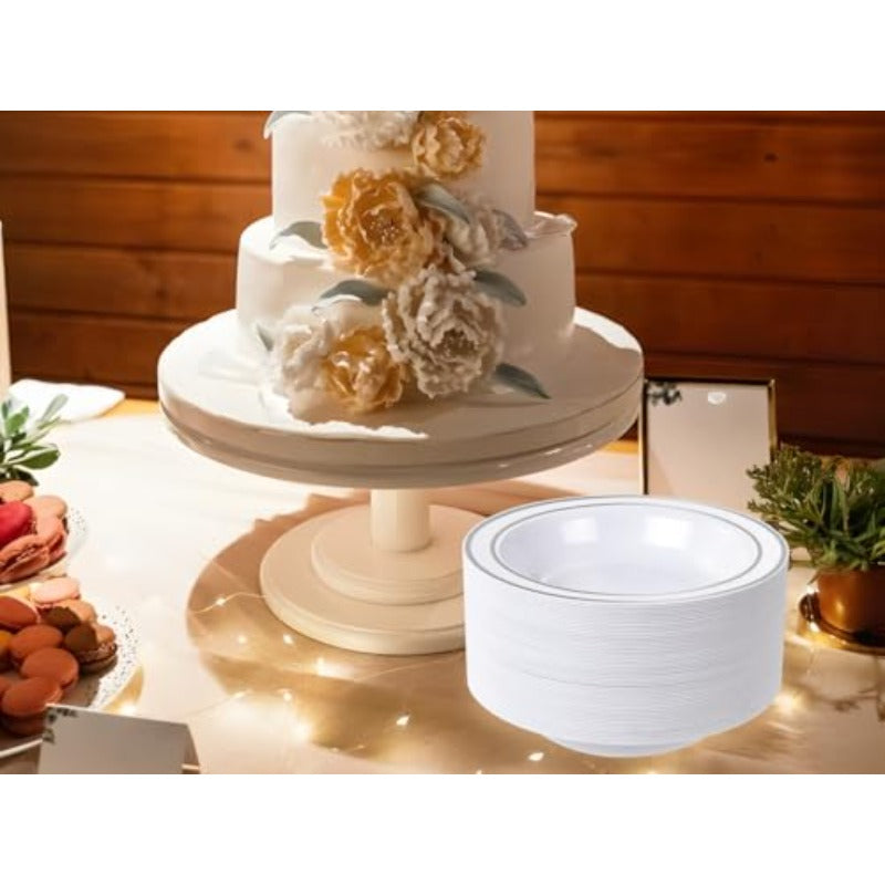 350PCS Sier Plastic Plates-50 Pack Plastic Bowls with Sier Rim-Sier Plastic Dinnerware Sets for 50 Guests-2oz Disposable Soup Bowls