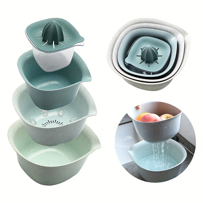 1pc Salad Bowl Set with Strainer Lid & Hand Juicer - Non-Slip Base Plastic Serving Bowl, Multi-Purpose Kitchen Tool Suitable for Salad Making, Dressing Mixing, Juice Extraction, Compact for Small Kitchens, Hygienic for Home Use