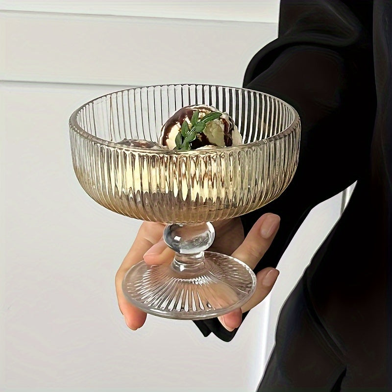 2pcs Glass Bowl 1pc\u002F2pcs Transparent Glass Dessert Bowl with Spoon | Stripe Pattern, Hand Wash Only, Reusable, Multipurpose, for Ice Cream, Fruit, Salad, Cocktail, Dessert