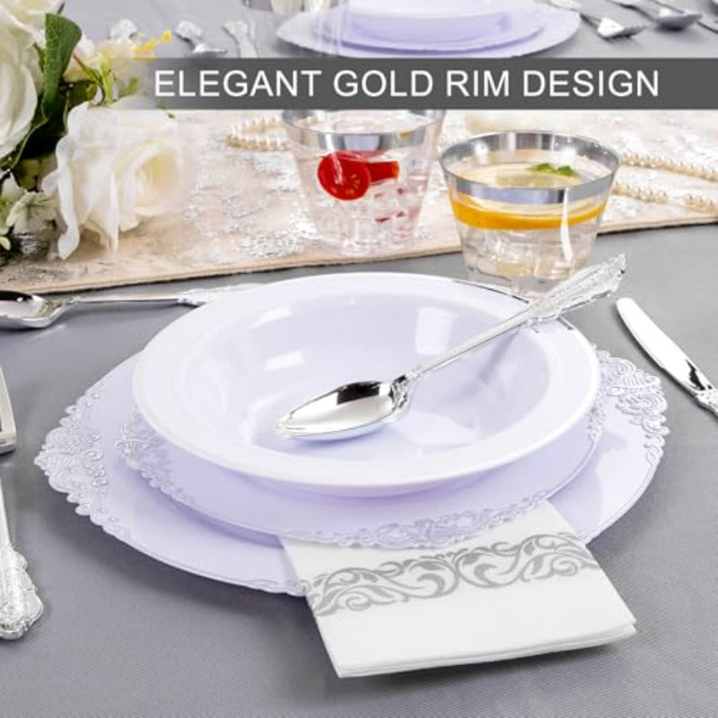 350PCS Sier Plastic Plates-50 Pack Plastic Bowls with Sier Rim-Sier Plastic Dinnerware Sets for 50 Guests-2oz Disposable Soup Bowls