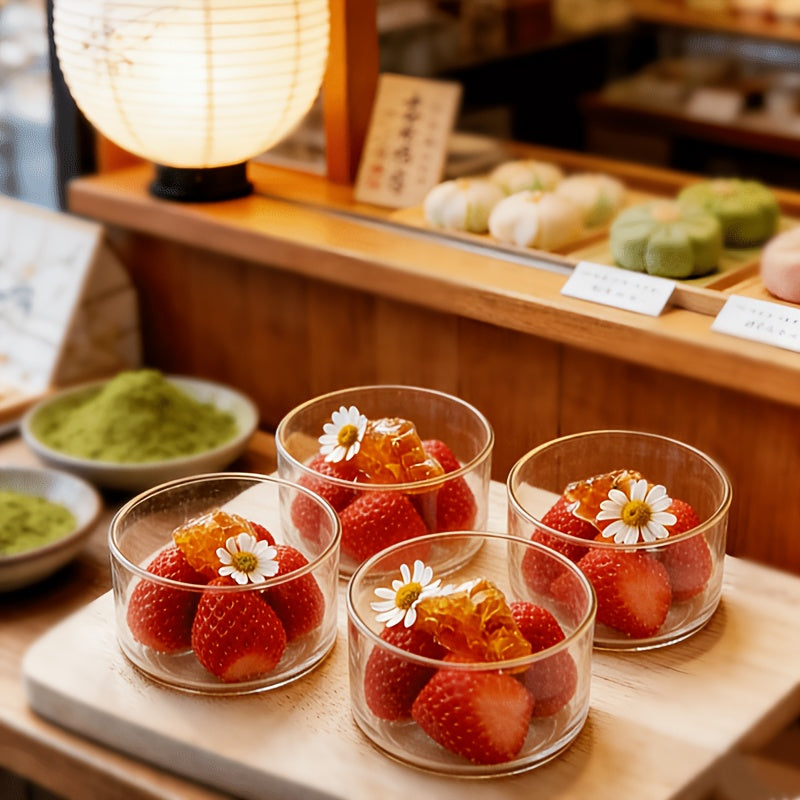 Set of 4 High Borosilicate Glass BowlsIdeal for Yogurt, Salads, Fruits, and Nuts.Suitable for Picnics, Camping, Restaurants, and Offices.Easy to Carry and Perfect for Elegant Food Presentation.